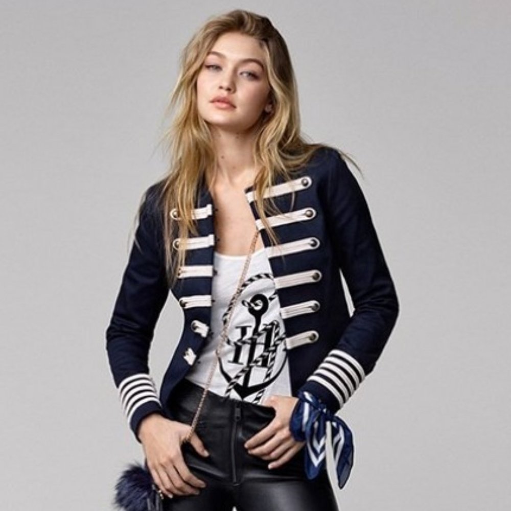 Gigi Hadid x Tommy Hilfiger Rare Navy & White Embroidered Military Jacket - Picture 2 of 10